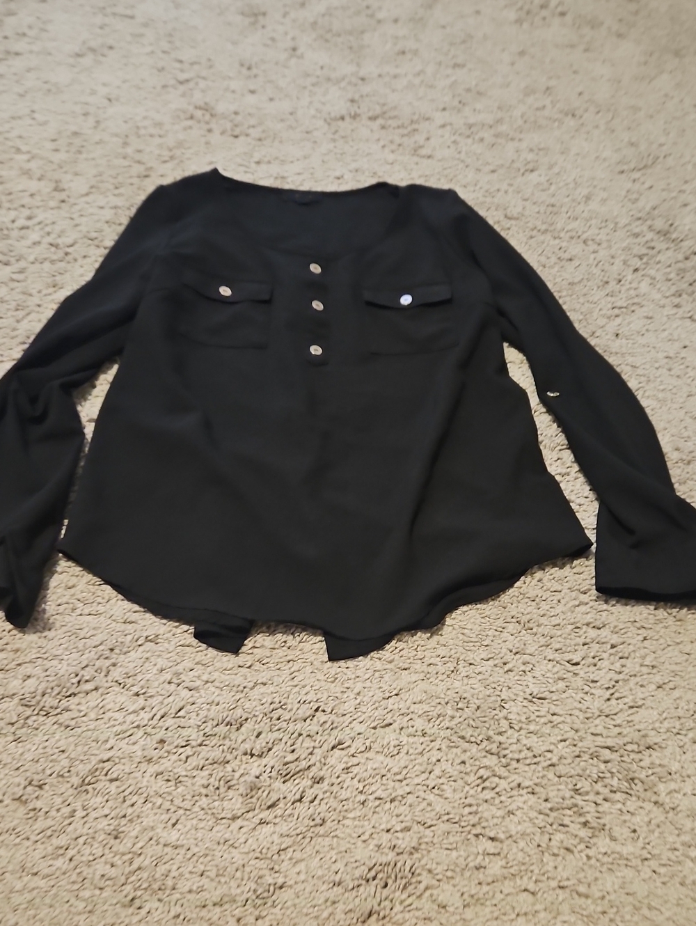mine Black Button-Front Long Sleeve Blouse with Chest Pockets